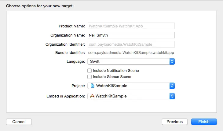 WatchKit app target options