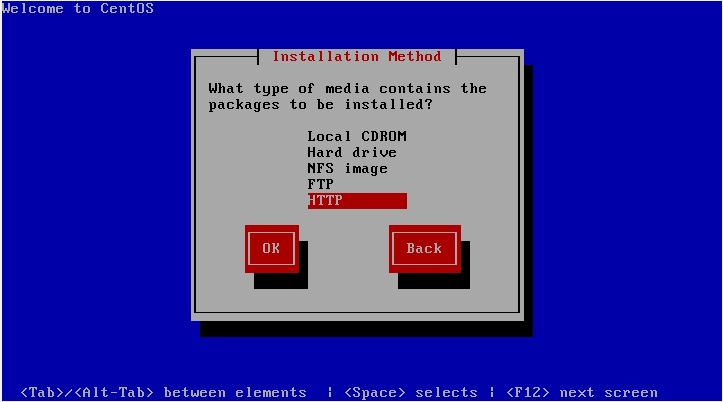 Selecting the CentOS Network installation method