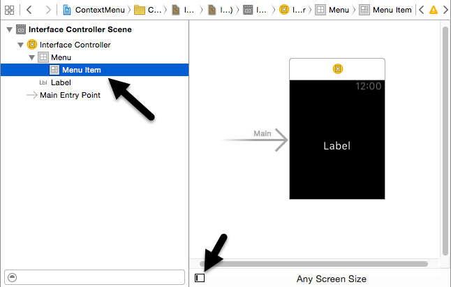Viewing WatchKit menu items in the Document Outline panel