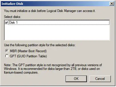 The Windows Server 2008 disk initialization dialog